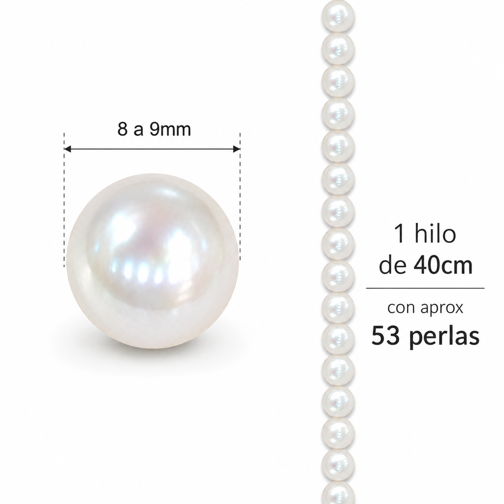 Perlas Redonda de Agua Dulce 8–9 mm | Hilo 40cm