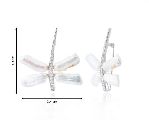 Broche libélula con alas de perla, plateado